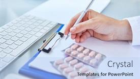  Presentation with medication - PPT theme enhanced with doctor-with-pen-and-clipboard background and a light blue colored foreground