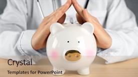  Presentation with health insurance concept - Cool new PPT layouts with doctor with piggy bank health backdrop and a coral colored foreground