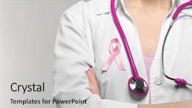  Presentation with pink ribbon - Amazing PPT theme having doctor with pink ribbon cancer backdrop and a light gray colored foreground
