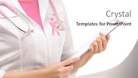  Presentation with pink ribbon breast awareness - Presentation theme with doctor with pink ribbon on robe and clipboard against white background breast cancer awareness concept background and a white colored foreground