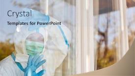  Presentation with impact of coronavirus - Beautiful PPT layouts featuring doctor-with-protective-clothing-during backdrop and a light blue colored foreground