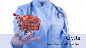  Presentation with pills - Amazing presentation theme having doctor with shopping cart full backdrop and a  colored foreground