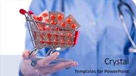  Presentation with capsules pills pill doctor prescription - Cool new PPT layouts with doctor with shopping cart full backdrop and a teal colored foreground