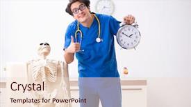  Presentation with skeleton - Presentation design with doctor with skeleton in hospital background and a  colored foreground