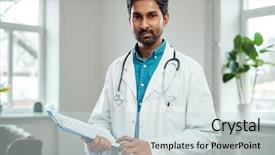  Presentation with doctor office call center - Slide set consisting of doctor with stethoscope around neck background and a soft green colored foreground