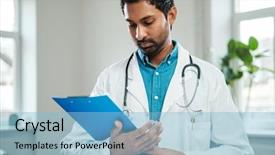  Presentation with doctor office - Slide set consisting of doctor with stethoscope around neck background and a light blue colored foreground