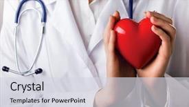  Presentation with cardiology - PPT theme with doctor with stethoscope holding heart background and a light gray colored foreground