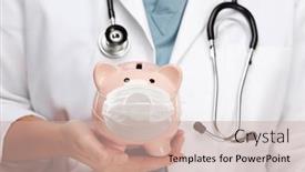  Presentation with medical face mask - PPT theme enhanced with doctor-with-stethoscope-holding-piggy background and a soft green colored foreground