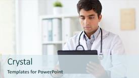  Presentation with healthcare technology - Colorful slide set enhanced with doctor with tablet pc computer backdrop and a sky blue colored foreground