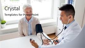  Presentation with blood pressure - Slide deck with doctor with tonometer measuring blood background and a light gray colored foreground