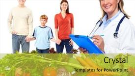  Presentation with doctor family - PPT theme having doctor with vegetables and family healthy diet and nutrition background and a yellow colored foreground