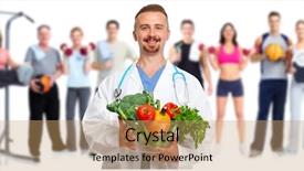  Presentation with mental health group therapy - Colorful presentation design enhanced with doctor with vegetables and group backdrop and a coral colored foreground