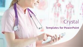  Presentation with data medical - Slide deck featuring doctor woman checking medical data on tablet pc background and a sky blue colored foreground