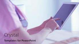  Presentation with data medical - Amazing presentation theme having doctor-woman-checking-medical-data backdrop and a light blue colored foreground