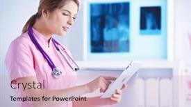  Presentation with data medical - PPT theme consisting of doctor-woman-checking-medical-data background and a soft green colored foreground