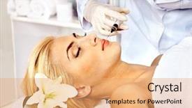  Presentation with injections - Presentation design having doctor woman giving botox injections isolated background and a coral colored foreground