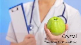  Presentation with green blur floral - Beautiful presentation design featuring note shallow depth field - doctor woman holding green apple backdrop and a coral colored foreground
