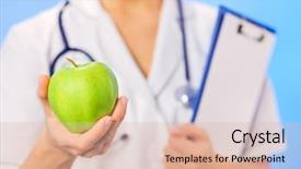  Presentation with green apple - PPT theme having doctor woman holding green apple background and a lemonade colored foreground