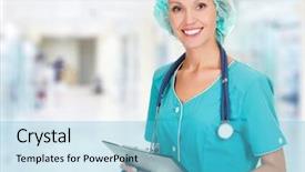  Presentation with doctor in hospital health insurance related icons healthcare person saving medical - Slide deck with doctor woman in the hospital background and a light blue colored foreground