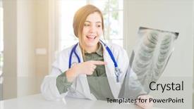  Presentation with doctor helps to get out of bed an elderly woman - Theme having doctor woman looking at chest background and a light gray colored foreground