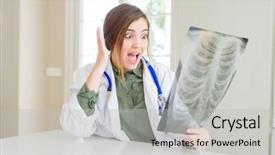  Presentation with woman hands raised to sky - PPT theme featuring doctor woman looking at chest background and a light gray colored foreground