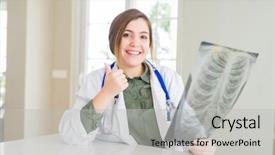  Presentation with beautiful young woman getting face - PPT layouts enhanced with doctor woman looking at chest background and a light gray colored foreground