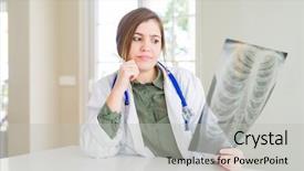  Presentation with xray - Audience pleasing presentation theme consisting of doctor woman looking at chest backdrop and a light gray colored foreground