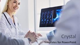  Presentation with chest - Presentation enhanced with doctor-woman-shows-the-patient background and a light blue colored foreground