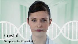  Presentation with dna extraction - Audience pleasing presentation theme consisting of doctor woman standing with dna backdrop and a light gray colored foreground