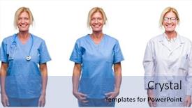  Presentation with happy sad mask face - Slide set consisting of doctor woman white isolated backgroud background and a teal colored foreground