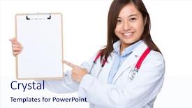 Presentation with finger point - Cool new slide set with doctor woman with finger point to clipboard backdrop and a sky blue colored foreground