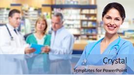  Presentation with medical pharmacy - Amazing PPT theme having doctor woman with stethoscope pharmacy backdrop and a light blue colored foreground
