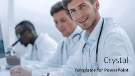  Presentation with journal - Presentation theme featuring doctor-write-the-results background and a light blue colored foreground