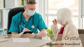  Presentation with complaints - Cool new PPT theme with doctor-writing-patient-complaints-during backdrop and a coral colored foreground