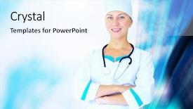  Presentation with doctor in hospital health insurance related icons healthcare person saving medical - PPT theme consisting of doctoral education - smiling medical doctor with stethoscope background and a sky blue colored foreground