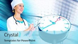  Presentation with doctor in hospital health insurance related icons healthcare person saving medical - PPT layouts featuring doctoral education - smiling medical doctor with stethoscope background and a  colored foreground