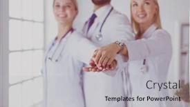  Presentation with teamwork doctors - Beautiful presentation theme featuring doctors and nurses coordinate hands concept teamwork in hospital for success work and trust in team backdrop and a light gray colored foreground