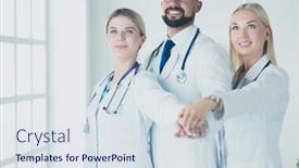  Presentation with doctors teamwork - Cool new PPT layouts with doctors and nurses coordinate hands concept teamwork in hospital for success work and trust in team backdrop and a sky blue colored foreground