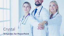  Presentation with teamwork doctors - Slide set with doctors and nurses coordinate hands concept teamwork in hospital for success work and trust in team background and a sky blue colored foreground