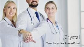  Presentation with teamwork doctors - Slides with doctors-and-nurses-coordinate-hands background and a sky blue colored foreground