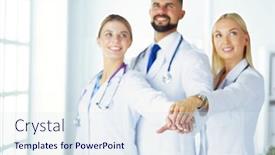  Presentation with teamwork doctors - PPT theme featuring doctors-and-nurses-coordinate-hands background and a sky blue colored foreground