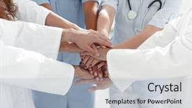  Presentation with nurses - PPT theme featuring doctors and nurses stacking hands background and a light gray colored foreground