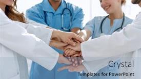  Presentation with aid - Cool new presentation theme with doctors-and-nurses-stacking-hands backdrop and a light blue colored foreground