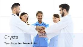  Presentation with aid - Cool new slide set with doctors and nurses stacking hands concept of mutual aid backdrop and a light blue colored foreground