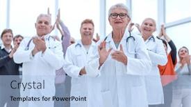  Presentation with patients - Presentation theme featuring doctors-and-patients-clap background and a light blue colored foreground