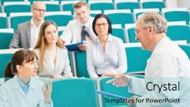  Presentation with female college student for health check up - PPT theme consisting of doctors and woman as medicine background and a teal colored foreground