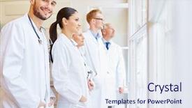  Presentation with multiracial team of young doctors stacking hands - Slide deck with doctors as a team background and a sky blue colored foreground