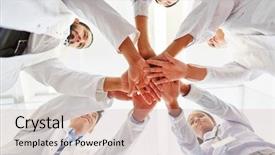  Presentation with team hands - Cool new presentation theme with medical community - young doctors as team stack backdrop and a soft green colored foreground