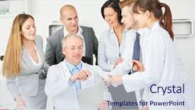  Presentation with staff - Colorful PPT theme enhanced with doctors at clinic with employee backdrop and a sky blue colored foreground