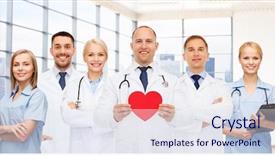  Presentation with cardiology concept - Amazing PPT theme having doctors cardiologists with red heart backdrop and a sky blue colored foreground